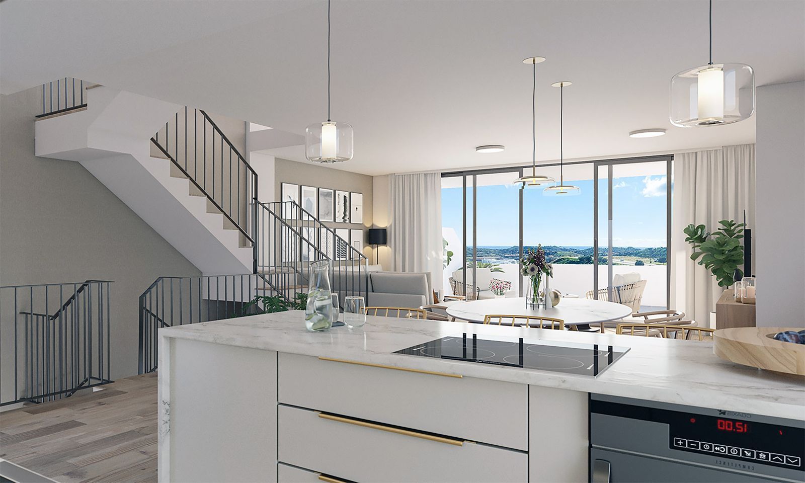 Modern kitchen with marble island, overlooking scenic landscape through large glass doors.