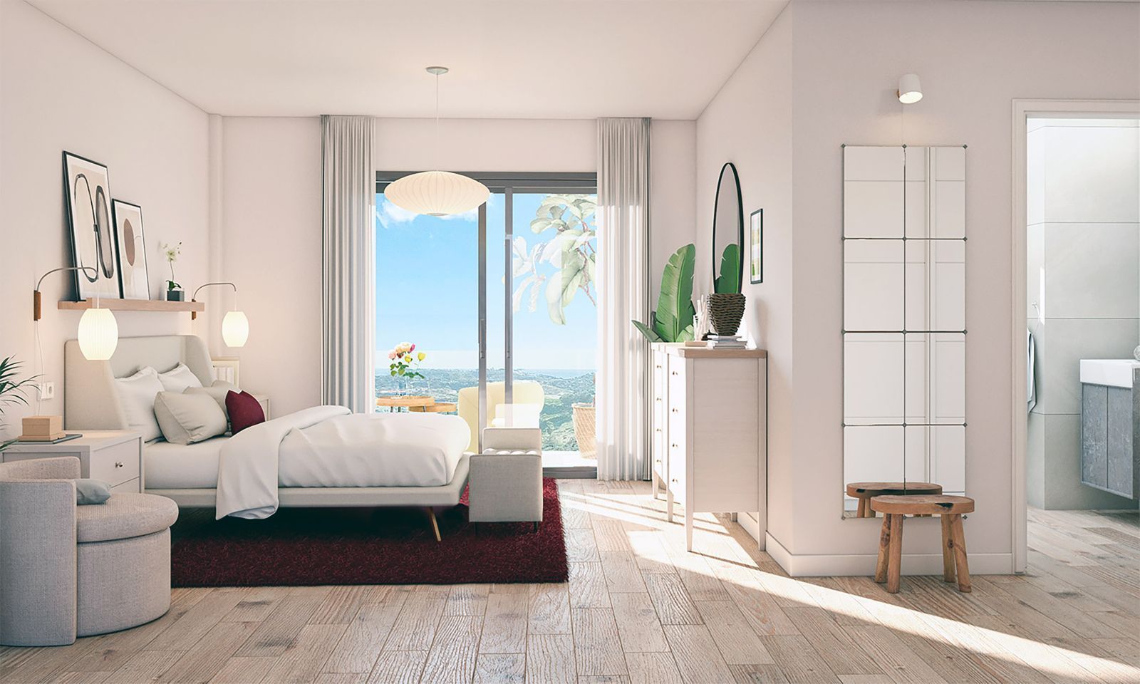Modern bedroom with large window overlooking ocean, wooden floors, white furniture, and red rug.