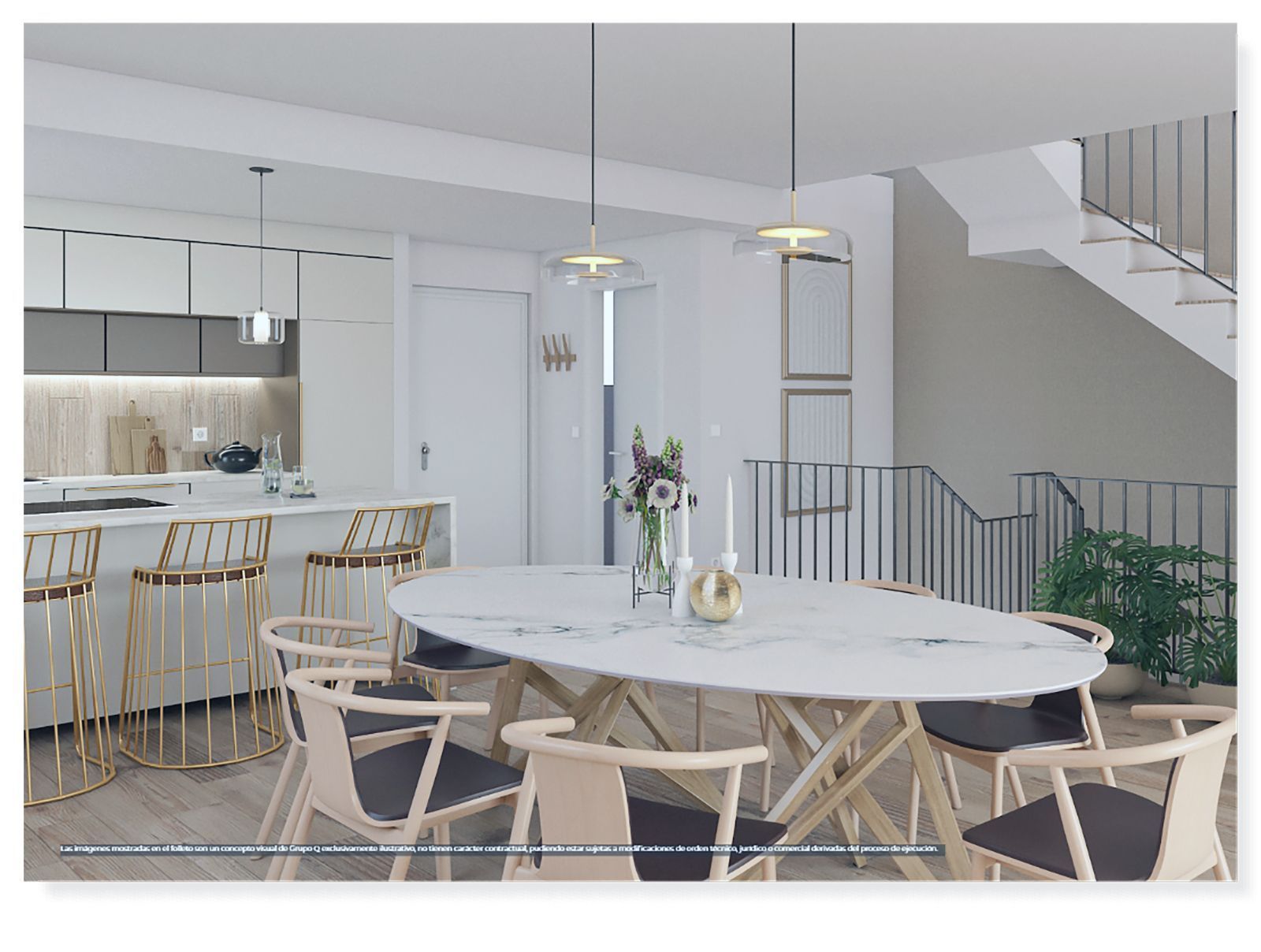 Modern open-plan kitchen and dining area with marble table, gold bar stools, and staircase.